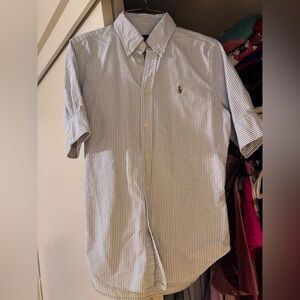 Ralph Lauren Men's (WOMEN) White and Blue Striped Shirt Half Sleeve Button down